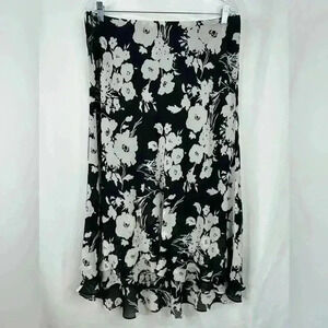 CHAPS Floral Black & White Midi Skirt Bias Cut Plus Size 14